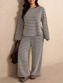 Elaquor Plus Size Women's Striped Long Sleeve Top And Pants Casual Daily 2 Pieces Set - Mocha Brown - View 6