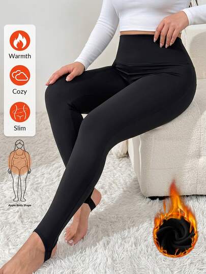 Shapeblank سروال ضيق شتوي كاجوال للنساء بمقاسات كبيرة - أسود، خصر عالي جداً، تصميم بحلقة القدم، مبطن بالصوف، مرن، دافئ ومريح للارتداء اليومي، الجزء السفلي