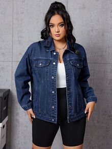 SHEIN EZwear Plus Size Women's Long Sleeve Single-Breasted Casual Denim Jacket - Blue - View 7