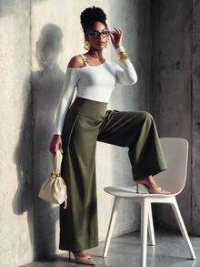 SHEIN Lunessa Women's Autumn Fashion Metal Decor Off Shoulder Long Sleeve White T-Shirt - White - View 3