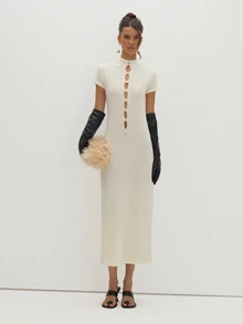 MUSEYN Cream Knit Pearl Button Front Short Sleeve Maxi Dress Versatile Evening Date Night Chic New Season Fall - White - View 3