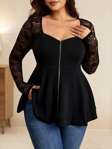 Edennvi Plus Size Women's Best-Selling Square V-Neck Waist-Cinched Lace Patchwork T-Shirt, Metal Zipper Decor Design, Suitable For Daily Commute, Outings, Gatherings, Dating, And Photo-Taking - Black - View 3