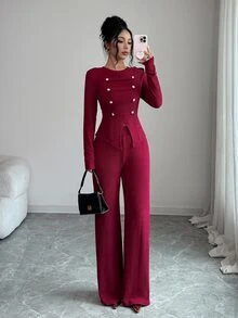 Elenzga Women's Vintage Elegant Commute Party Holiday Daily Napoleon Military Style Metal Double-Breasted Button Fitted Ribbed Knit Set, Round Neck Long Sleeve Cinched Waist Asymmetrical Hem + Flared Pants 2 Pieces Set - Burgundy - View 7