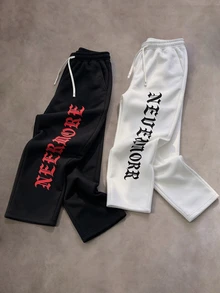 STYNVO Men's Letter Print Drawstring Waist Sweatpants For Outdoor - Black - View 1