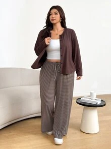 Shapeblank Women's Plus-Size Autumn/Winter 2 Pieces Set: Stylish, Casual, Stretchy, And Comfortable Brown Cardigan & Striped Wide-Leg Pants,Fall Outfits - Brown - View 1