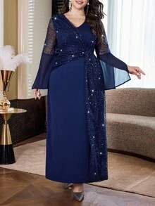 Modelyn Plus Size Women's V-Neck Mesh Patchwork Casual Daily Summer Dress - Navy Blue - View 3