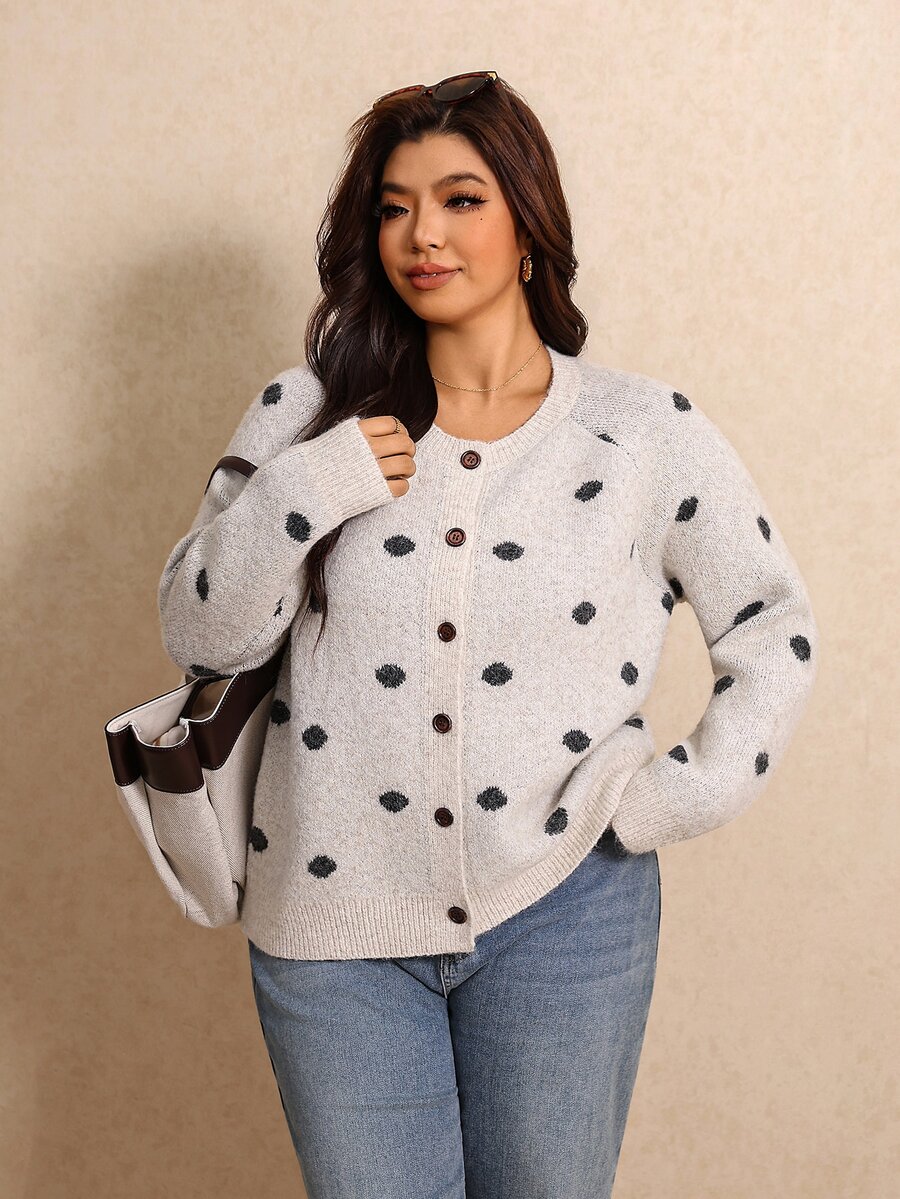 Elaquor Plus Size Women's Polka Dot Pattern Long Sleeve Single-Breasted Casual Knit Cardigan Winter - Apricot - View 1