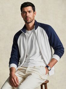 Lornavo Men's Colorblock Raglan Long Sleeve Zip-Up Casual Basic Sweatshirt Beach Vacation White And Navy - Blue and White - View 5