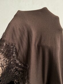 Elaquor Plus Size Women's Round Neck Long Sleeve Contrast Lace Asymmetric Hem Fitted Fashion T-Shirt - Coffee Brown - View 7