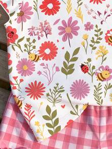 Young Girl 1 Pc Ditsy Floral Ladybug Print Ruffle Sleeve Top Summer Holiday Outfits - Pink - View 3