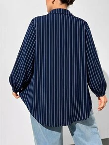 SHEIN Essnce 大尺碼女款春夏/秋冬時尚休閒寬鬆舒適日常百搭顯瘦棕色條紋V領長袖襯衫，上班上衣，條紋襯衫，秋季穿搭 - 藏蓝色 - 查看 2