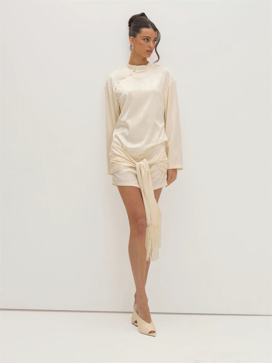 MUSEYN Cream Satin Jacquard Fringe Tie Mini Dress Versatile Evening Date Night Chic New Season Fall - Beige - View 1