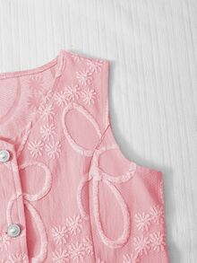 SHEIN Tween Girls 2pcs/Set : Blue Tank Top And Pants, Children's Casual Elegant White Glossy Jacquard Pearl Button Cardigan With Long Pants... - Pink - View 4