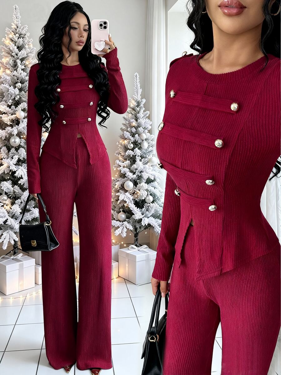 Elenzga Women's Vintage Elegant Commute Party Holiday Daily Napoleon Military Style Metal Double-Breasted Button Fitted Ribbed Knit Set, Round Neck Long Sleeve Cinched Waist Asymmetrical Hem + Flared Pants 2 Pieces Set - Burgundy - View 1