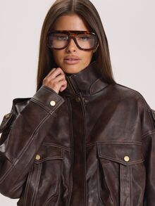 MUSERA Faux Leather Oversized Contrast Seam Detail Leather Jacket Autumn Winter Fall Cute Everyday Coolgirl Mullburn Hill - Coffee Brown - View 5