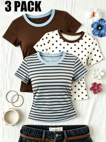 3PCS Teen Girls T-Shirts - Multicolor - View 1