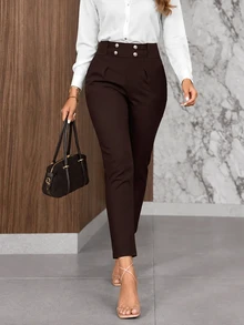Balvessa Autumn Commute High Waist Cigarette Pants, Double-Breasted Design, Drape Cropped Suit Pants, Versatile Women's Trousers - Rust Brown - View 5