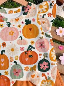 1pc Young Girl Cute All Over Pumpkin Floral Leopard Flutter Sleeve Round Neck Top ,For Spring/Summer,Thanksgiving Day - Multicolor - View 5