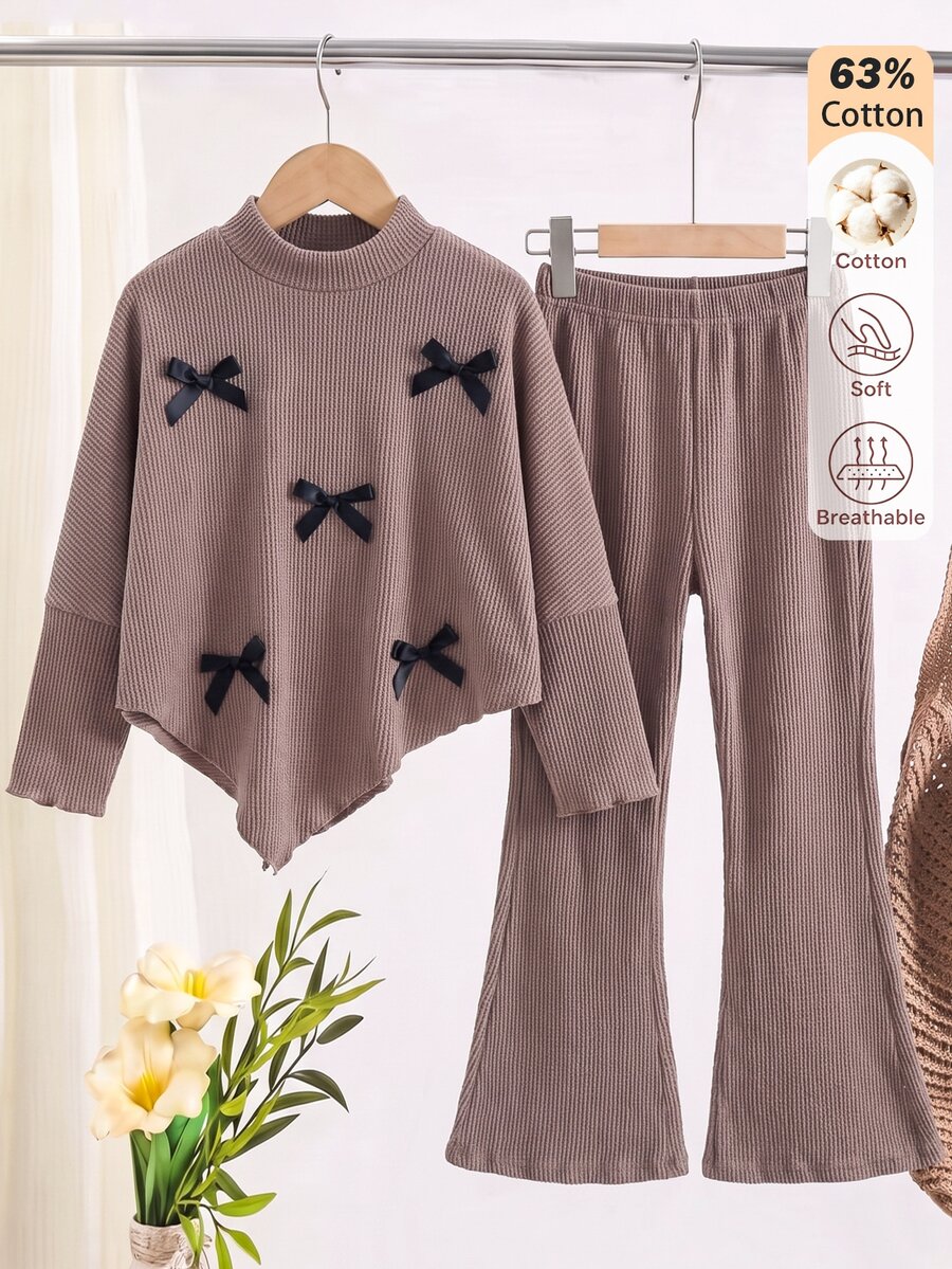SHEIN Big Girls 2-Piece Casual Set, Irregular Pullover Turtleneck Long Sleeve Top & Casual Flared Long Pants, For Spring Autumn Winter And Daily Outings - Brown - View 1