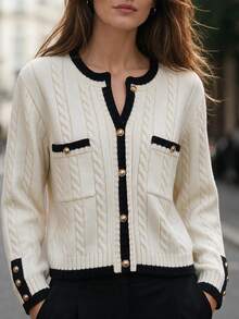 SHEIN Women's Contrast Color Long Sleeve Single-Breasted Casual Knit Cardigan - Apricot - View 2