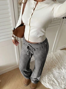 SHEIN EZwear 女款抽繩腰條紋休閒百搭日常穿著長褲 - 黑與白 - 查看 6