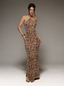 MUSERA Knitted Leopard Print Fitted Halterneck Maxi Dress Fall Cute Autumn Sexy Night Out Party Going Out Low Lights Witch Gothic Horror Grunge Spooky - Multicolor - View 1