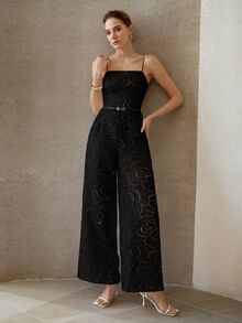 MOTF PREMIUM ARTISTIC ROSE TEXTURE SPAGHETTI STRAP FASHION ELEGANT WAIST-CINCHED SLIMMING HIGH-END WOMEN'S JUMPSUIT - Black - View 5