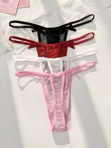 PetitDoll 4pcs Multi-Color Mesh Patchwork Bow Heart Applique Sweet Cute Women's Thong Panties - Multicolor - View 5