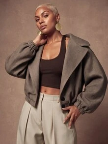 SHEIN Lunessa Women's Loose Fit Oversized Lapel Herringbone Wool Blend Commuter Coat, Autumn/Winter - Coffee Brown - View 4
