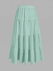 SHEIN EZwear 女款度假風百褶抽繩腰紋理中長裙 - 薄荷綠 - 查看 2