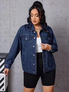 SHEIN EZwear Plus Size Women's Long Sleeve Single-Breasted Casual Denim Jacket - Blue - View 6