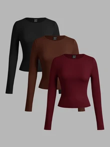 SHEIN EZwear 3件組女款素色圓領長袖休閒T恤 - 彩色 - 查看 1
