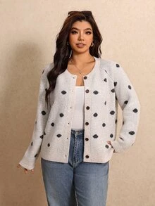 Elaquor Plus Size Women's Polka Dot Pattern Long Sleeve Single-Breasted Casual Knit Cardigan Winter - Apricot - View 5