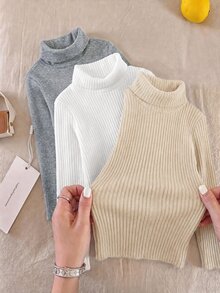 SHEIN 兒童 3件組 小男孩秋冬休閒純色高領T恤 - 彩色 - 查看 1