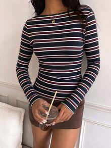 CovetEZ 女款條紋圓領長袖休閒百搭T恤 - 黑色 - 查看 5