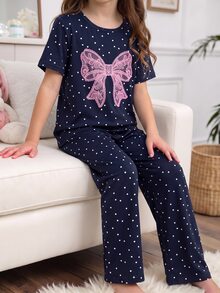 SHEIN Set Piyama 2pcs/Set untuk Remaja Perempuan, Atasan Bermotif Pita dan Celana Pendek Kotak-kotak, Kain Rajut Lembut, Nyaman, Gaya Manis dan Elegan - Navy Blue - View 5