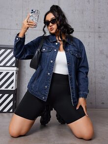 SHEIN EZwear Plus Size Women's Long Sleeve Single-Breasted Casual Denim Jacket - Blue - View 5