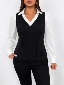 Edennvi Plus Size Women's Commuter Casual 2 In 1 Top, Ribbed Knit Patchwork Contrast Color Lapel V-Neck Long Sleeve Slim Fit Elegant T-Shirt - Black - View 3