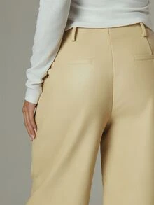 MUSERA Cream PU Leather Layered Detail Straight Leg Trouser Pants Fall Autumn Winter Casual Style Outfits - Light Yellow - View 5