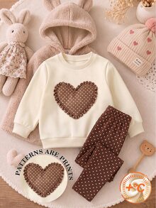 2件組幼女甜美風 3D愛心刺繡與熱轉印圓領運動衫 + 波點內搭褲休閒套裝，適合日常穿著，秋季 - 彩色 - 查看 6