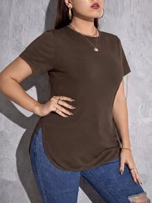 SHEIN Essnce Plus Size Minimalist Short Sleeve Side Slit T-Shirt For Daily Wear - Brown - View 5