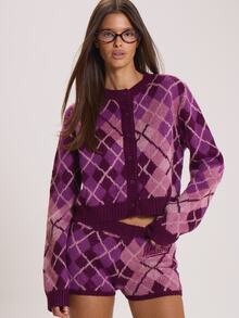 MUSERA Checkered Button Through Crewneck Knitted Jumper Autumn Winter Fall Cute Everyday Coolgirl Mullburn Hill - Purple - View 1