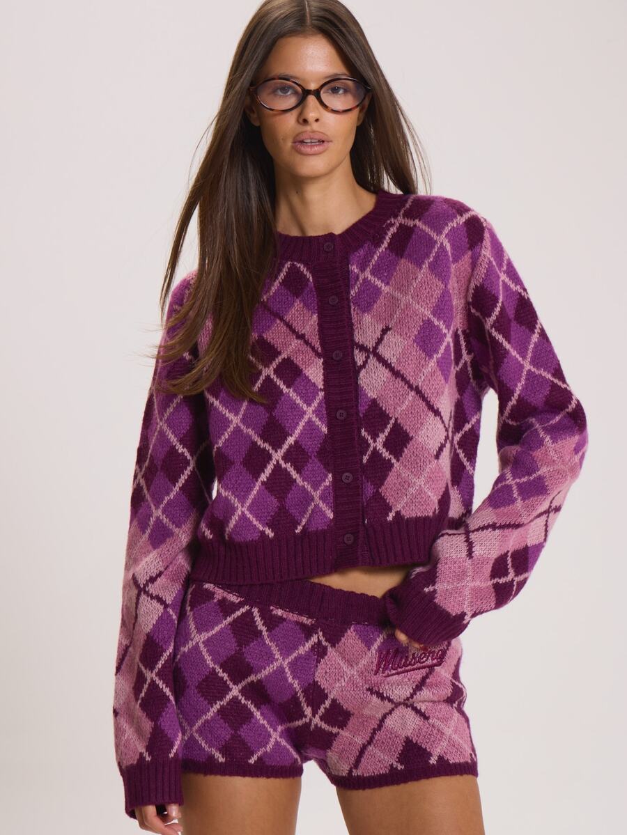 MUSERA Checkered Button Through Crewneck Knitted Jumper Autumn Winter Fall Cute Everyday Coolgirl Mullburn Hill - Purple - View 1