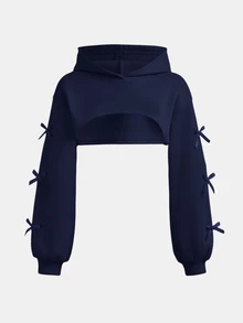 Girlism Tween女孩可愛休閒風短版長袖刷毛內裡衛衣，粉色蝴蝶結裝飾，小學秋季返校穿搭 - 藍色 - 查看 3
