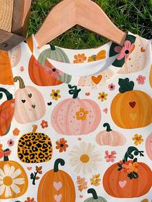 1pc Young Girl Cute All Over Pumpkin Floral Leopard Flutter Sleeve Round Neck Top ,For Spring/Summer,Thanksgiving Day - Multicolor - View 4