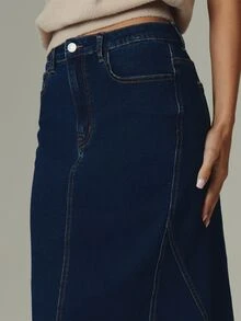 MUSERA Blue Wash Denim Low Rise Midi Skirt Fall Autumn Winter Casual Style Outfits - Blue - View 4