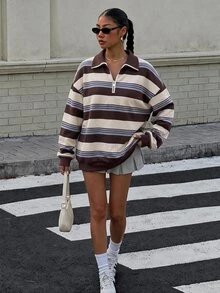 Muchica 女款新款秋季條紋半拉鍊 Polo 領夾克外套，秋冬新款女款運動衫，彩色條紋印花半拉鍊衛衣，適合戶外活動與度假穿搭 - 白色 - 查看 3