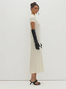 MUSEYN Cream Knit Pearl Button Front Short Sleeve Maxi Dress Versatile Evening Date Night Chic New Season Fall - White - View 4