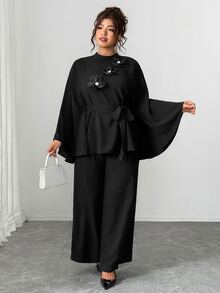 SHEIN LUNE CURVE Plus Size Women's Fashion Casual Loose Daily All-Match Versatile Floral Accent Jacket & Wide Leg Pants Black 2 Pieces Set Fall - Black - View 1