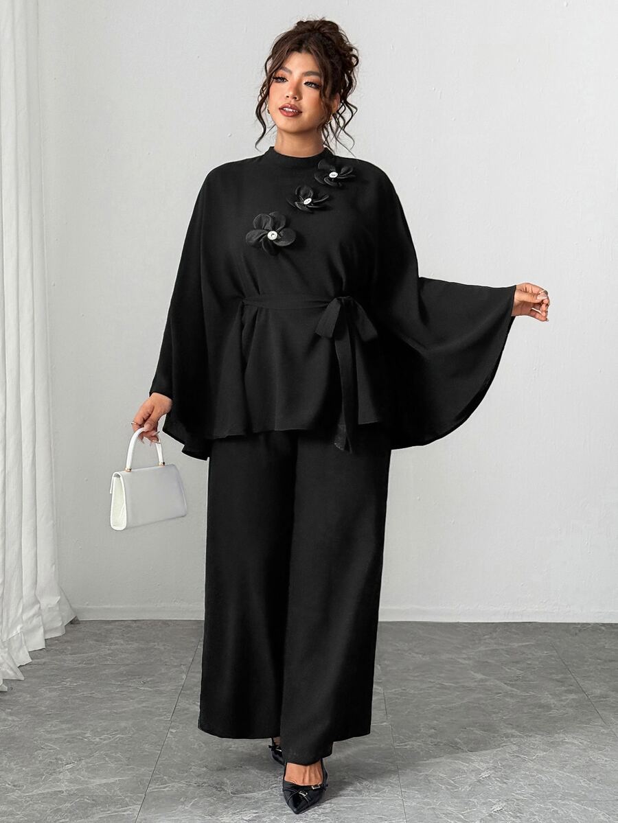 SHEIN LUNE CURVE Plus Size Women's Fashion Casual Loose Daily All-Match Versatile Floral Accent Jacket & Wide Leg Pants Black 2 Pieces Set Fall - Black - View 1